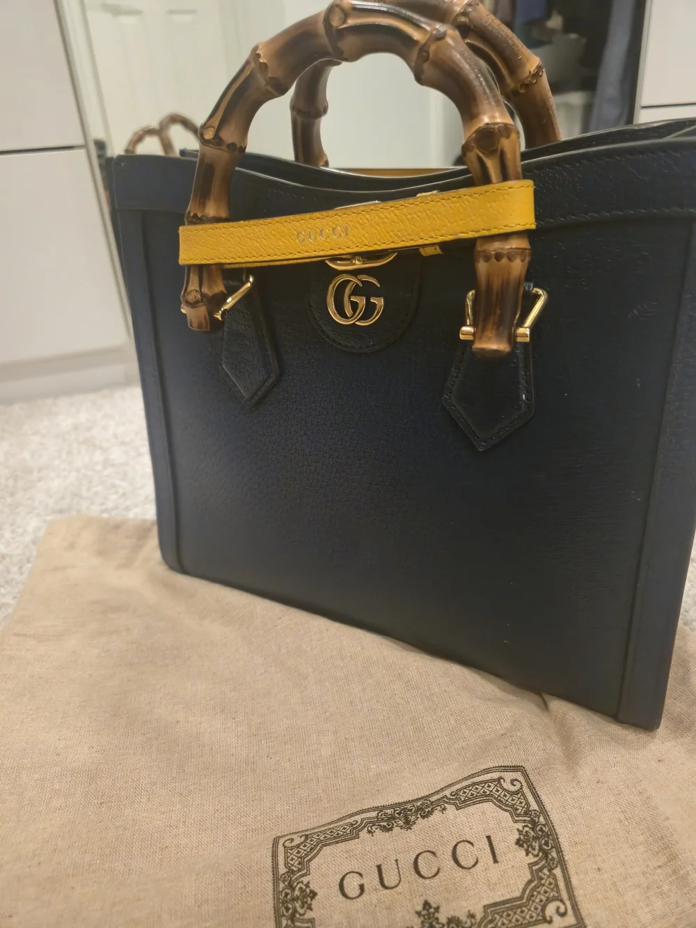 Gucci Navy Leather Bamboo Handle Tote with Yellow Accent